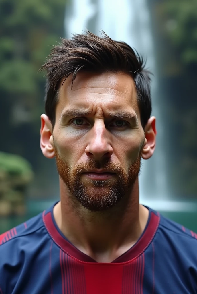 Messi is standing down a natural fountain face is in front of camera 