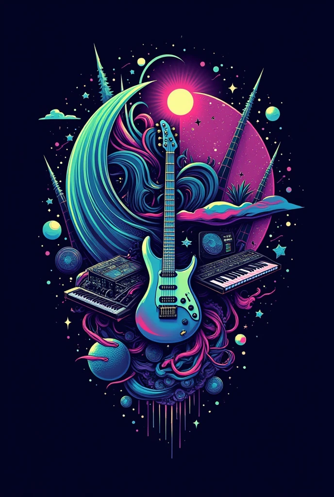 Create a complex and visually captivating music band logo design. The logo should feature an intricate blend of musical elements such as electric guitars, drum sets, keyboards, and vinyl records, intertwined with abstract shapes, waves, and geometric patterns. The color scheme should be bold and dynamic, incorporating a mix of neon colors like electric blue, vibrant purple, and neon green against a dark background to create a striking contrast. The design should convey a sense of energy and passion for music, with a modern and edgy style. The logo should not include any text but should be visually rich and layered with various textures and details to capture the essence of a vibrant music scene.