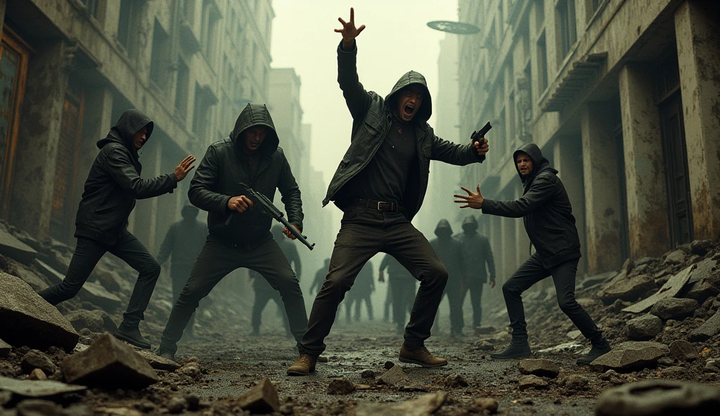 people acting with violence and corruption, a representation of a world in decay