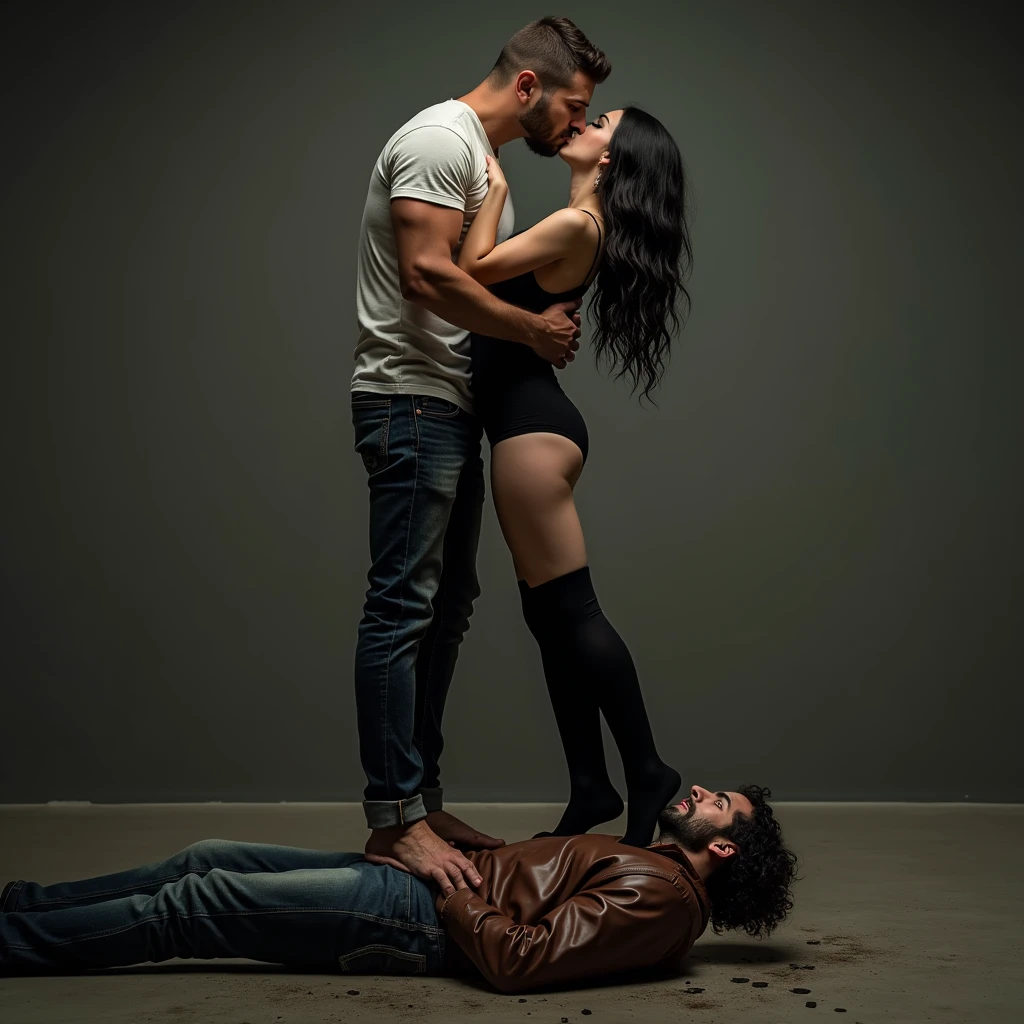 ((best quality)), ((masterpiece)), (detailed), A man wearing t shirt and jeans, and a gothic girl, making out with each other, the girl is wearing thigh high socks are each at the same time standing directly upon a man who is laying on the floor, real photo, human, 8k, crushed by 2 people, the girl is standing on his stomach and the man in jeans is standing on his face, full vertical picture, hyperrealism, 4k, photo