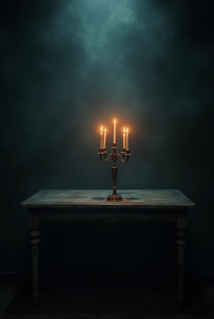 (photorealism:1.2), Lit candelabra on an antique table, dark and gloomy atmosphere, darkness, lit candlestick, everything very very dark, Only the table and the chandelier are visible. 