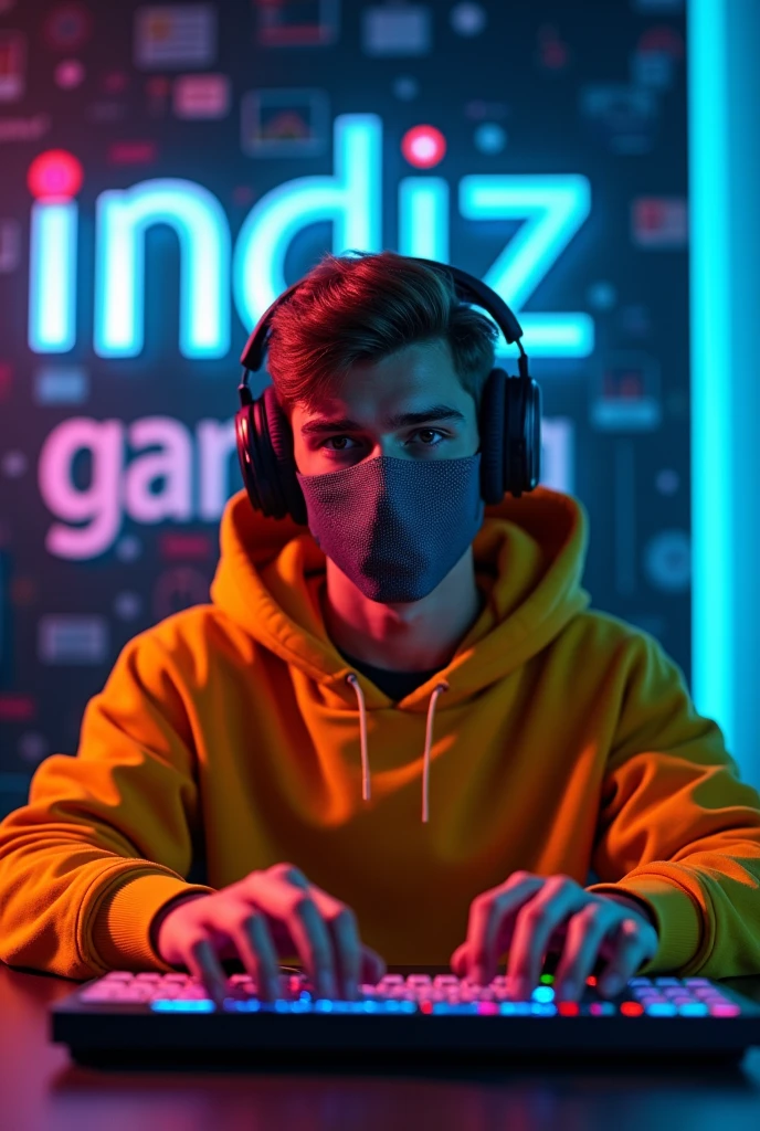 A photo of a 20-year-old handsome boy with brown hair wearing a yellow hoodie and a hoodie cap full size .. His Both hand is on the  keyboard on the table. He is wearing headphones and has a microphone in front of him .he wearing hacker mask The background contains RGB lights. In the center of the background, it is written "INDIZ GAMING" with RGB lights. 

Generate the image in 16.9 ratio
