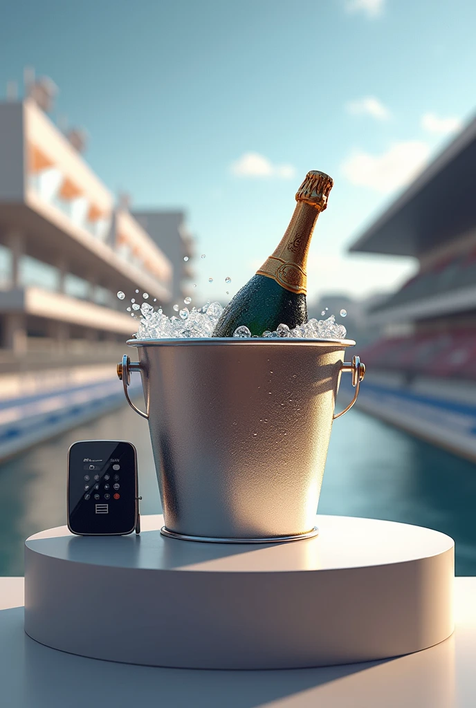 Make a picture of an ice bucket, with a bottle of champagne, a remote control and a prize inside. And the scene alludes to the podium of a car race..
