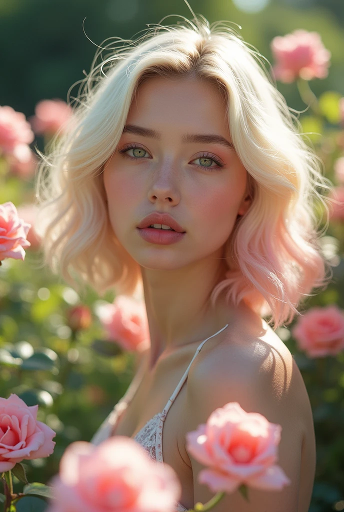 8k, RAW photo, Fujifilm, style photo of a beautiful young woman as avril in a garden of light pink roses (highly detailed skin: 1.2) Style-Petal BREAK short hair, blonde hair with colored locks, wearing a dress, film granulation, 35mm, cute style