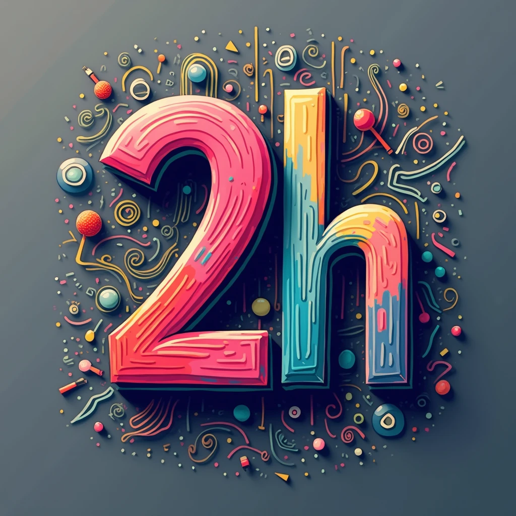 Colorfull logo with big text "2h" and many writing details in gray background