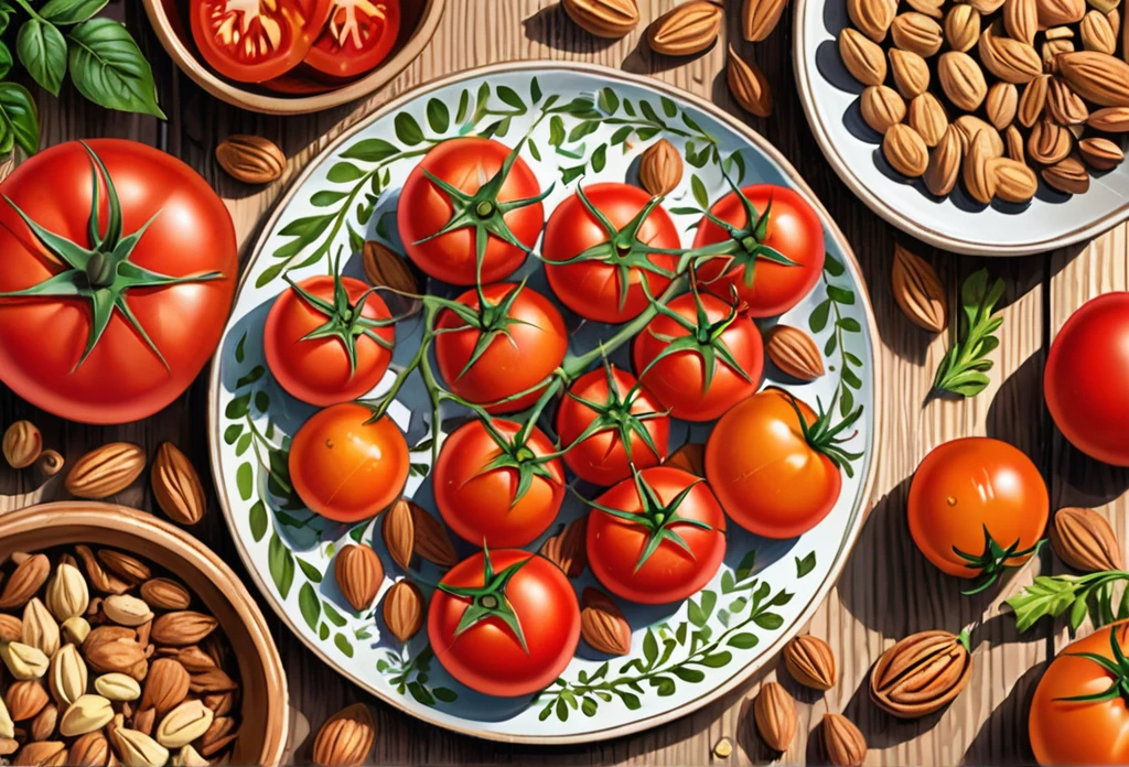 Carrots, nuts and tomatoes on a table (masterpiece best quality:1.2) delicate illustration ultra-detailed, illustrations, bright, colourful,