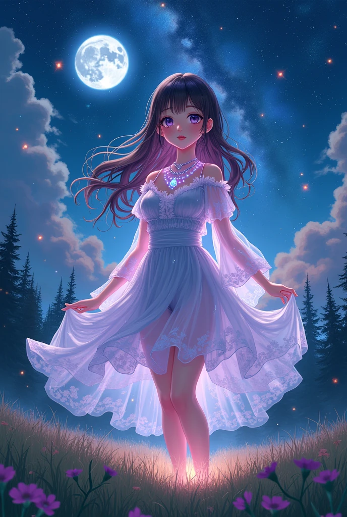 (masterpiece、Highest quality、8k、High resolution)、1 female、(Beautiful Face、Beautiful Face)、Beautiful eyes with slit length、Cute lips、Beautiful Nose、Brownish black hair、(Best anime girl)、Grassland with a forest view、Walking,Colorful flowers blooming in the field,A bright night with the stars clearly visible、full moon、milky way、Mysterious light particles from the whole body、Colorful light particles、A mysterious light shining around your head、melt、jewelry、necklace、dress、(Beautiful full body style)、Highly detailed anime art、A complete portrayal、