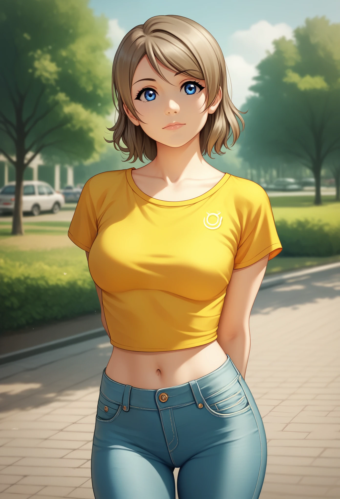 (Masterpiece), cowboy shot,8k wallpaper, solo, realistic anime, Watanabe you, standing, yellow crop top, short sleeves, pink jeans pants,thighs, sunny day,blue eyes, beautiful detailed face and eyes, detailed background ,park street , arms behind back, looking up, closed mouth