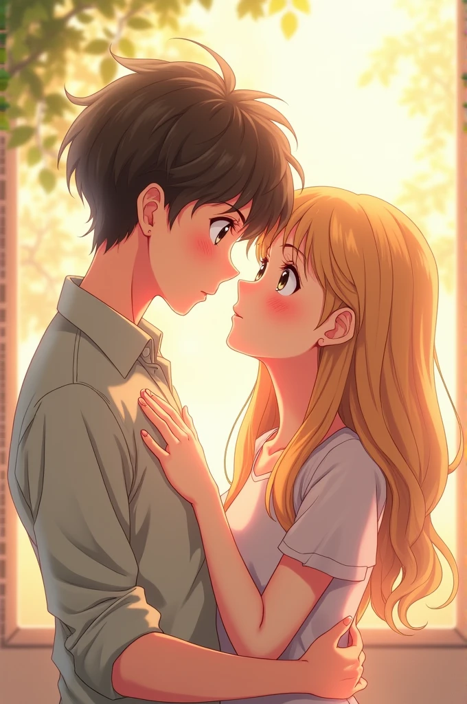 An anime boy touching his girlfriend 