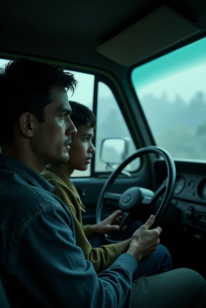 cinematic, photorealistic film poster of a young father driving an old van staring at his son in the passenger seat, close up, fear in face, tension, misty air, dim light, close up, late night, Kalimpong Sikkim Highway