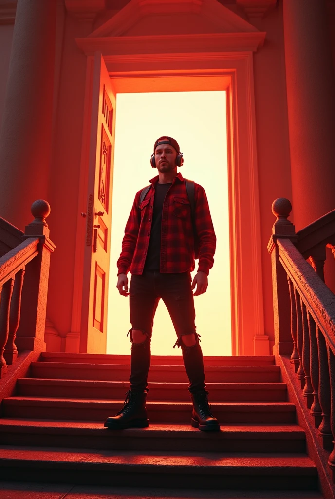 depict dramatic scenes with strong color contrasts, especially in shades of red and orange, depicting environments that appear otherworldly. In the middle, there was a white door emitting bright light, with the silhouette of a person standing in the doorway. Face detailed. Look straight ahead. wearing dark red flannel shirt and dark ripped jeans pants and black hiking hi-shoes with black backward trucker hat, wear dark leather backpack, wear headphone, masculine photoshoot pose, arrogant man expression. On the side of the stairs leading to the door. The setting includes architectural elements such as stairs and railings that have an ancient design.