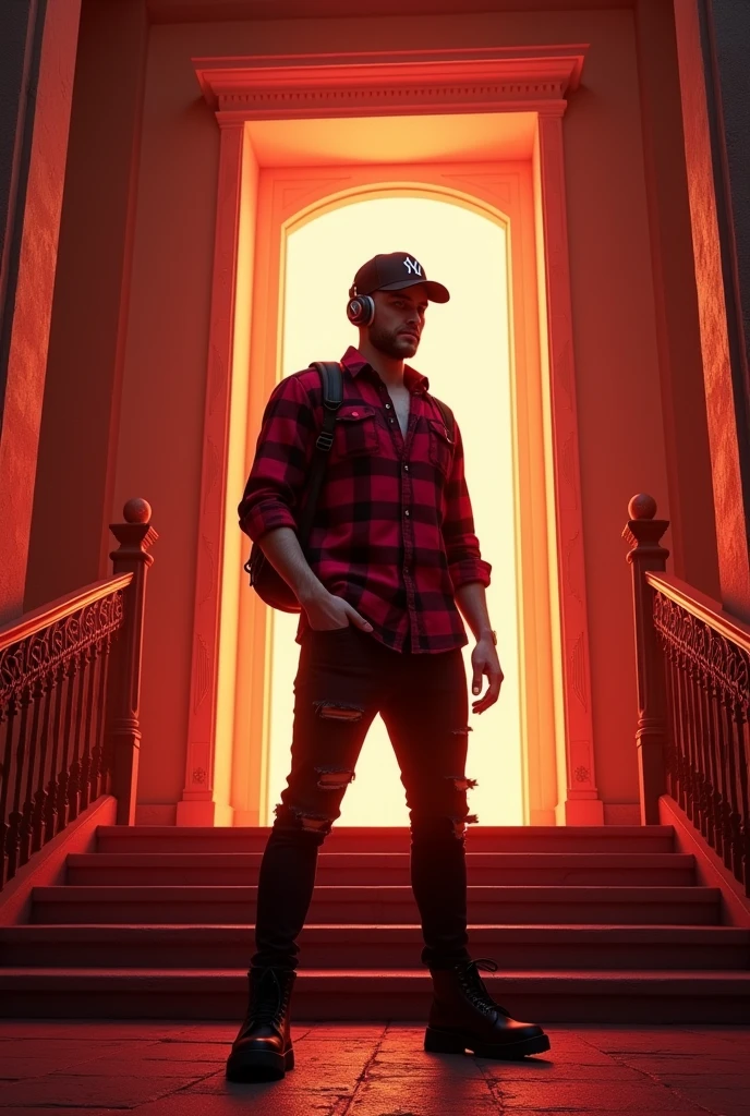 depict dramatic scenes with strong color contrasts, especially in shades of red and orange, depicting environments that appear otherworldly. In the middle, there was a white door emitting bright light, with the silhouette of a person standing in the doorway. Face detailed. Look straight ahead. wearing dark red flannel shirt and dark ripped jeans pants and black hiking hi-shoes with black backward trucker hat, wear dark leather backpack, wear headphone, masculine photoshoot pose, arrogant man expression. On the side of the stairs leading to the door. The setting includes architectural elements such as stairs and railings that have an ancient design.