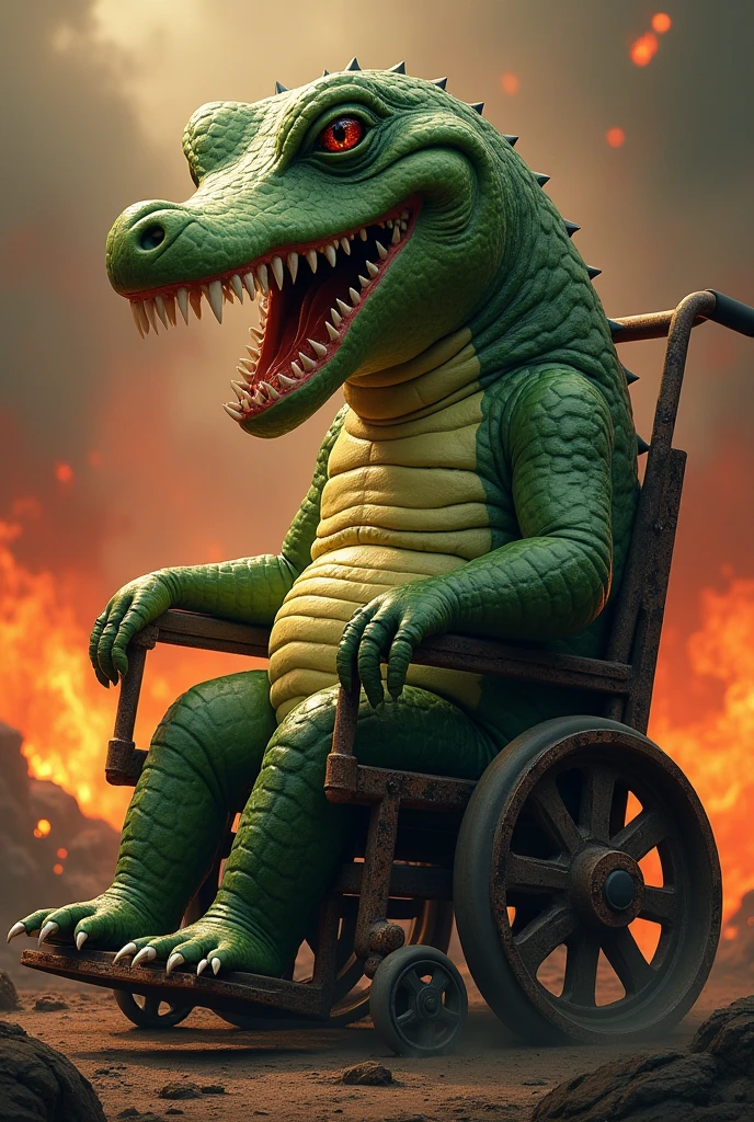 Big Pickle without arms and legs with a alligator face in a weelchair in hell