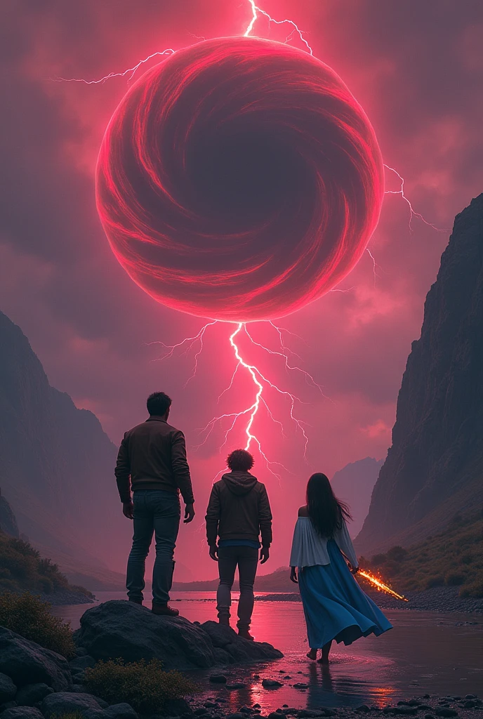 Une boule noire et violette tournoyante dans le ciel, avec un éclair rouge qui en sort. La boule n'est pas grosse puisqu'elle se situe loin des personnes.
Il y a trois personnes : deux hommes de dos et une femme de dos aussi.
Le plus grand des deux est au centre, avec une veste en cuir usée couleur marron. Il a le pied sur un rocher.
L'autre homme est à sa gauche et est un peu moins grand. Il a les cheveux longs et une longue veste qui prend feu aux extrémités, et il a une épée en feu à la main. La fille à droite a une longue robe bleue avec un tissu blanc sur l'épaule. Elle marche dans une flaque d'eau.
Un seul éclair est rouge et immense en face d'eux.
Il n'y a pas de planète qui volent. Ils se trouvent dans le creux d'une montagne, où il fait sombre, simplement éclairée par l'éclair. La boule violette et noire dans le ciel n'est pas grande. Il y a des éclairs autour. La vue est d'un peu plus haut. Les trois personnes ont entre 25 et 30 ans. Le garçon du milieu est musclé. La femme a une robe bleue et longue, comme à l'époque Grecque. Les tenues sont futuristes, Des classes, avec un style mythologique grecque. Le ciel est rouge et violet.
