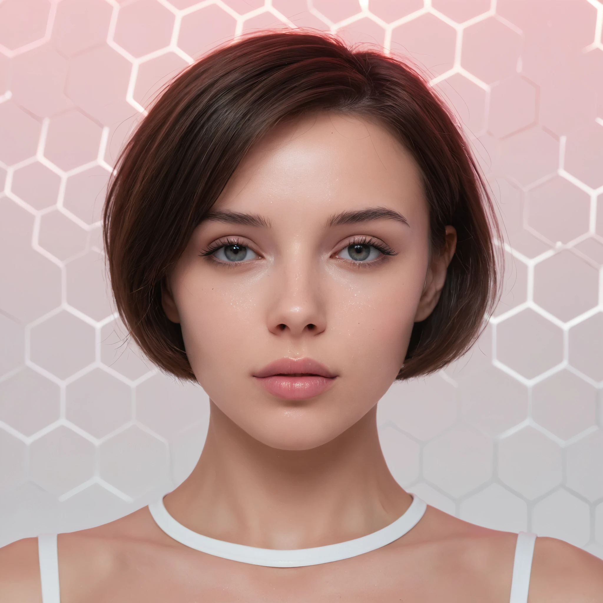 A beautiful attractive woman with short hair, top body portrait, in the style of Moebius, full of pink and white hexagons in the background, with a futuristic sci-fi aesthetic style, simple details, minimalism, black lines, clean pictures. The skin is white and she has an extremely delicate face that resembles floating glass. A sense of mystery, soft lighting, ultra-high definition images, and a cool color tone. She is wearing, 32k ,uhd