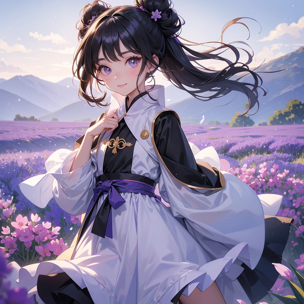 A chibi child girl had a small face and Wearing black little Taoist priest's outfit. A pair of big round eyes shone with curiosity about him. This child was so cute! ,her hair is black with two buns on her hair.small chibi, chibi baby, smiling,The little chibi baby looked up with his chest raised, and his face was old and proud.
Stroll among the purple lavender fields , There are some floating clouds.