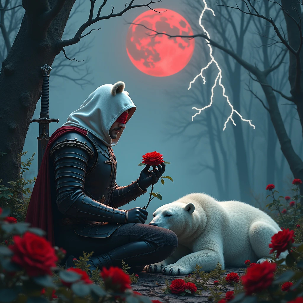 Male knight with a white hood with bear ears with sword behind his back sits towards a polar bear in a forest while the moon shines, many Roses cover the ground and lightning falls from the sky. The polar bear sleeps in front of the knight. Only the man wears a red blindfold. In the background of the picture is the blood moon. The forest is full of trees with leaves. The armor of the man is black and red roses decorate it. The knight smells on a rose.