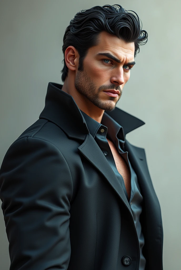 white male, de 1,97 tall with layered black hair, with blue eyes