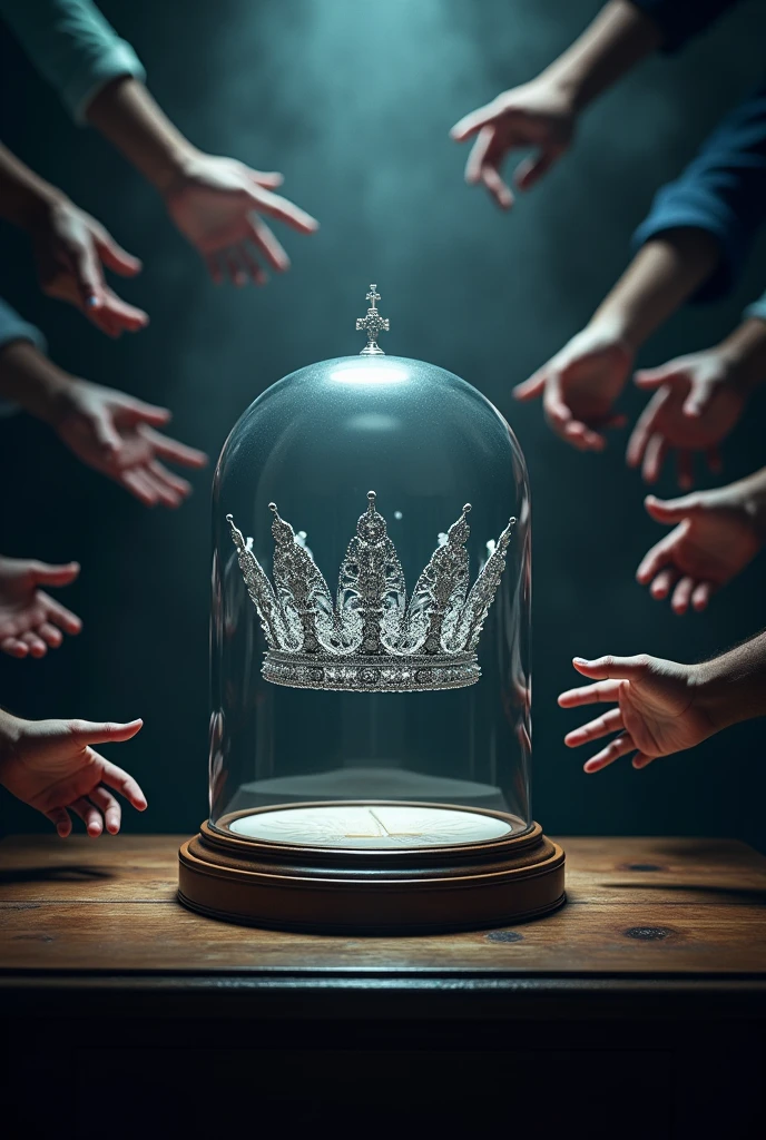 (bookcover), large silver wedding crown, Wedding crown in a glass box on the table, Wooden stage wedding crown, dark background, Many hands on the right and left want to grab the wedding crown, perfect hands