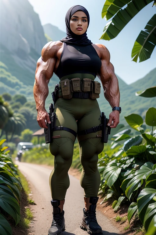 Photorealistic, high resolution, 1 malay woman wearing a green beret, Solo, Hips up, Battlefield background,view the viewer, (Detailed face), braided hair, wearing a green beret and a special team logo, SWAT vests, airborne logo on the chest, sniper rifle handle, camouflage combat suit, Camoflage military uniform, SWAT Boots, bulletproof vest, Holding an assault rifle, M16, Inside the jungle of Royal Belum, Very detailed, Perfect face, Black eye, jewelry, (full body view), Lifelike, masterpiece, HDR, 4K, veins everywhere