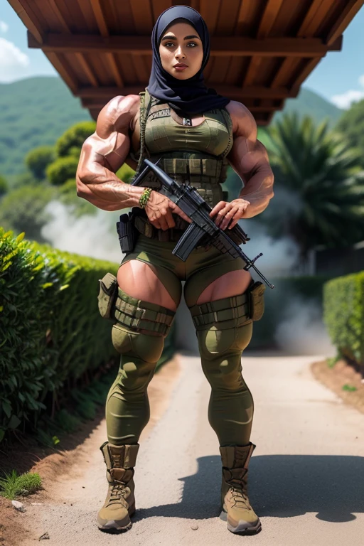 Photorealistic, high resolution, 1 malay girl in hijab from Negeri Sembilan, Solo, Hips up, Battlefield background,view the viewer, (Detailed face), White hijab, SWAT vests, sniper rifle handle, camouflage combat suit, Camoflage military uniform, SWAT Boots, bulletproof vest, Holding an assault rifle, M16, Inside the jungle of Royal Belum, Very detailed, Perfect face, Black eye, jewelry, (full body view), Lifelike, masterpiece, HDR, 4K
