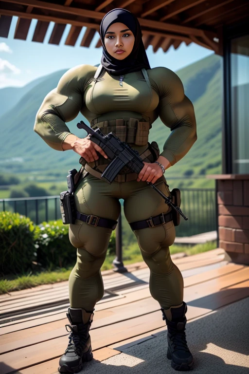 Photorealistic, high resolution, 1 malay girl in hijab from Perak, Solo, Hips up, Battlefield background,view the viewer, (Detailed face), White hijab, SWAT vests, sniper rifle handle, camouflage combat suit, Camoflage military uniform, SWAT Boots, bulletproof vest, Holding an assault rifle, M16, Inside the jungle of Royal Belum, Very detailed, Perfect face, Black eye, jewelry, (full body view), Lifelike, masterpiece, HDR, 4K