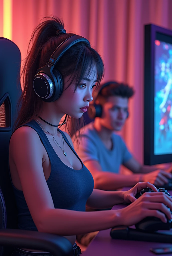 Create me a sexy girl with big tits and ass with slim stature who plays Fortnite The girl should play 