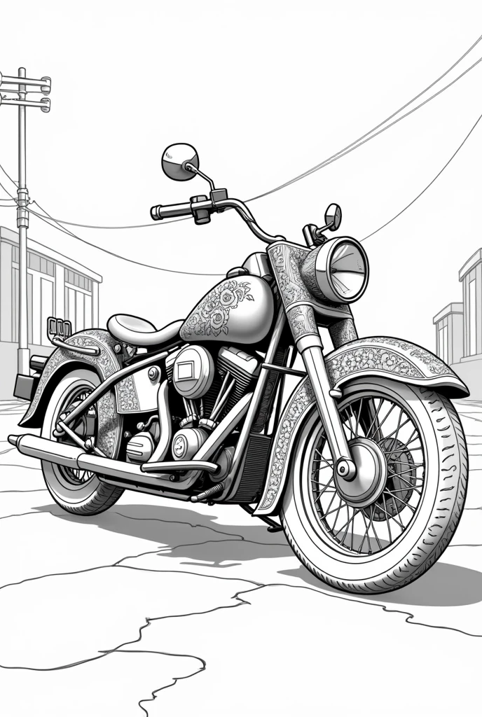 Design a black and white drawing of a classic motorcycle, with decorative details such as floral patterns on the chassis and tires. The motorcycle should be parked on a quiet street, with a background of buildings or simplified nature. This design should be detailed but accessible., Ideal for those who enjoy coloring vehicles and intricate patterns