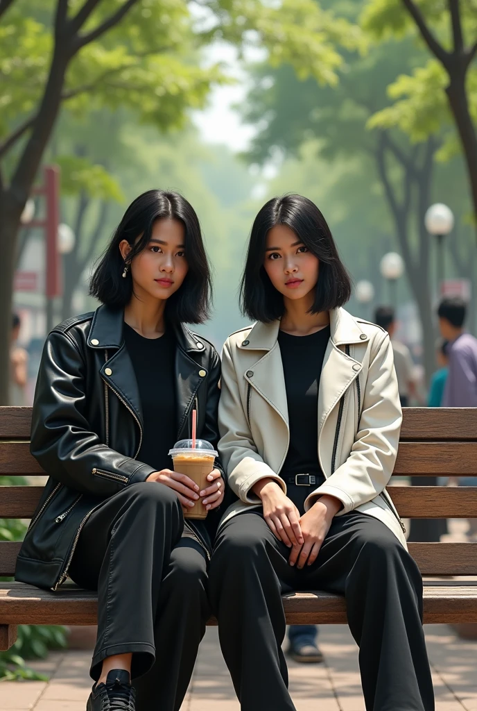 A pair of young Indonesian men and women, bright black hair, wearing a black t-shirt and white leather jacket. long cargo pants,pose,looking at the camera, white sneakers, sitting on a bench in a city park. I'm drinking iced boba cappuccino.Realistic original photo Realism,