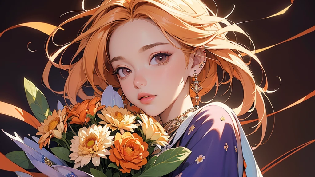32K, 最高quality, 最高masterpiece, (ultra-Detailed Background, Detailed Background), High resolution, Super detailed, Very detailedな, 1 personの, (bouquet:1.3), (Tangled:1.2), (Geometric:1.2),(colorful),(masterpiece, quality, best quality, Official Art, Beautiful and beautiful:1.2), (1 person:1.3), Very detailed,(colorful:1.1)(Flowers:1.3),Most detailed,(Tangled:1.2), whole body, (Abstract background:1.3), (Skin glows), (Many colors:1.4), ,(Earrings Jewelry:1.5), Pale Orange Background, It's imaginative., Flaxen Hair,