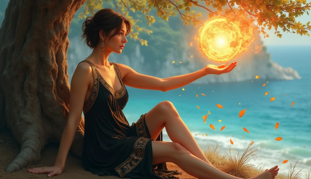 Masterpiece, best quality, (very detailed CG unity 8k wallpaper) (best quality), (best shadows) Nature, blue sea,delicate leaves petals of various colors falling in the air, super detailed , woman 30 years old, arm outstretched, orb of fire in his hand. brown hair, short black greek robe with golden laces. sitting against a tree, vanessa decker