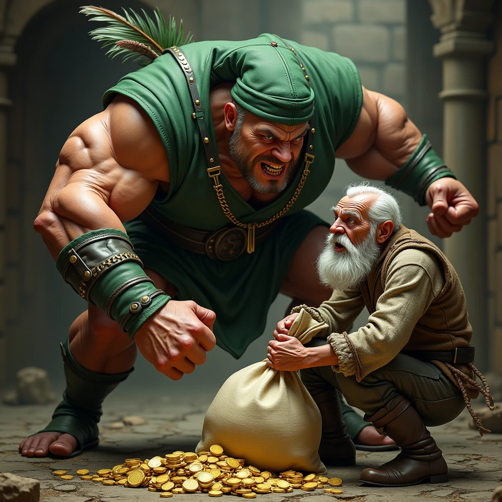 a very strong bodybuilder man, robin hood dress, with the green clothes and green hat characteristic of Robin Hood, muscular, tan muscular que se ven las venas de su cuello, shouting in anger and jumping on an old, poor man, a ragged beggar with a white beard and old, medieval clothes, hugging a big bag of money and gold coins, with a shocked expression of terror and fear with his mouth and eyes open screaming in fear, close up de su cara. Robin Hood wants to take the old man&#39;s big bag of money, Robin Hood is much bigger than the old man