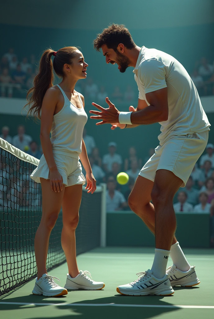 An upset male tennis player yelling at a confused and sad female tennis player 