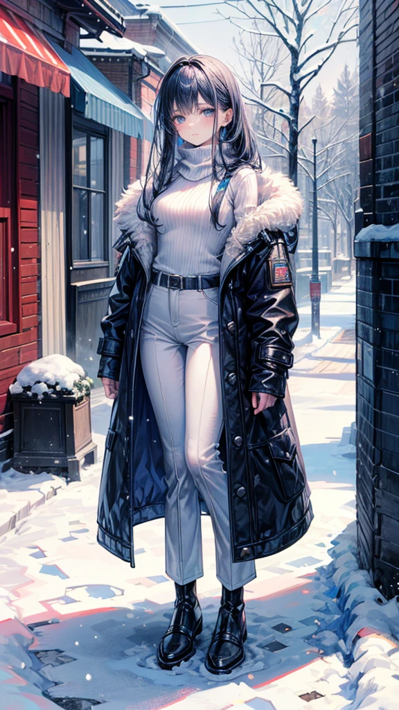((True best masterpiece, Ultimately perfect quality, Extremely delicate details)), ((Blue, Snowy, Winter)), A girl with a leather long coat, Wearing a pants, Full body