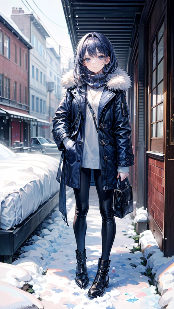 ((True best masterpiece, Ultimately perfect quality, Extremely delicate details)), ((Blue, Snowy, Winter)), A girl with a leather long coat, Wearing a pants, Full body