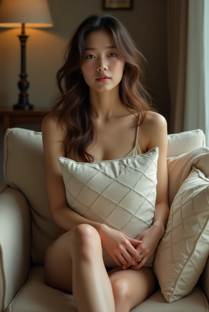 A naked woman sitting on a sofa in the living room、The woman is a 2 Japanese woman.、Fashion model body type、 "luna" She is holding a rather large pillow with the words, Smiling sweetly at the viewer, Full Body Shot, Cinema Lighting、Brown Hair