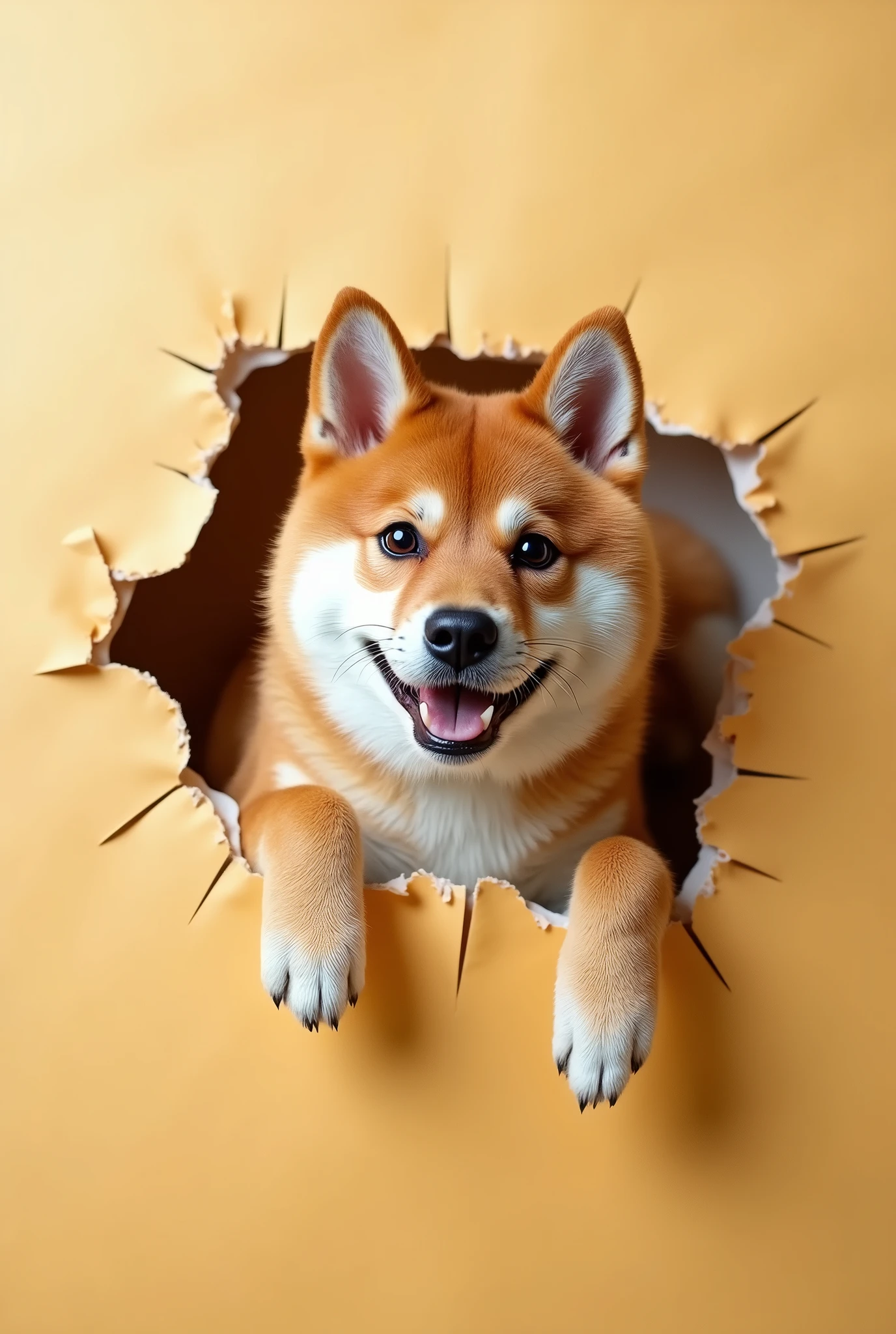 A Shiba Inu has torn through the paper, with its head and front paws sticking out from the hole.。。Stereoscopic photography。Shiba Inu is in front。