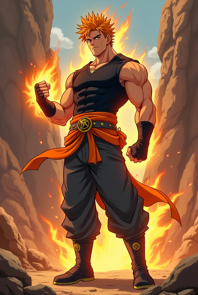 A muscular male character with, vibrant orange hair in a anime style. He is wearing a tight black shirt that highlights his defined muscles, with orange accents along the pectoral and shoulder lines. Around his waist, he has an orange sash tied, with a thick gray and gold belt featuring a central symbol. His lower outfit includes loose dark gray pants, tucked in at the shins, and black-and-gray boots. He stands confidently, smiling with determination, as he raises one fist engulfed in flames, symbolizing his fire manipulation powers. The background features a rocky, earthy-toned landscape, typical of battle arenas in anime, expressão de vilão, all imagem completed