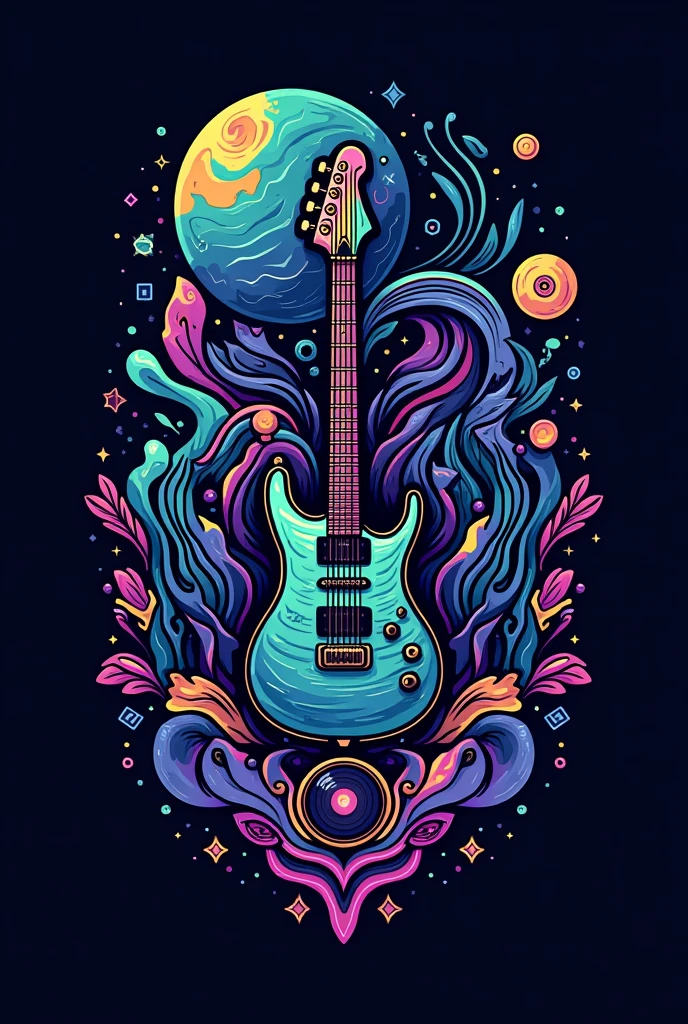 Create a complex and visually captivating music band logo design. The logo should feature an intricate blend of musical elements such as electric guitars, drum sets, keyboards, and vinyl records, intertwined with abstract shapes, waves, and geometric patterns. The color scheme should be bold and dynamic, incorporating a mix of neon colors like electric blue, vibrant purple, and neon green against a dark background to create a striking contrast. The design should convey a sense of energy and passion for music, with a modern and edgy style. The logo should not include any text but should be visually rich and layered with various textures and details to capture the essence of a vibrant music scene.