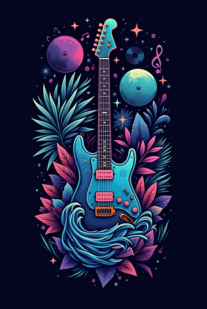 Create a complex and visually captivating music band logo design. The logo should feature an intricate blend of musical elements such as electric guitars, drum sets, keyboards, and vinyl records, intertwined with abstract shapes, waves, and geometric patterns. The color scheme should be bold and dynamic, incorporating a mix of neon colors like electric blue, vibrant purple, and neon green against a dark background to create a striking contrast. The design should convey a sense of energy and passion for music, with a modern and edgy style. The logo should not include any text but should be visually rich and layered with various textures and details to capture the essence of a vibrant music scene.