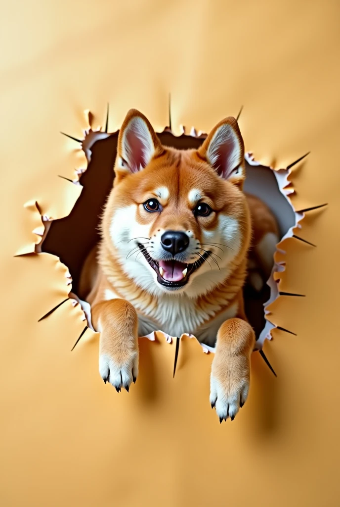 A Shiba Inu has torn through the paper, with its head and front paws sticking out from the hole.。。Stereoscopic photography。Shiba Inu is in front。