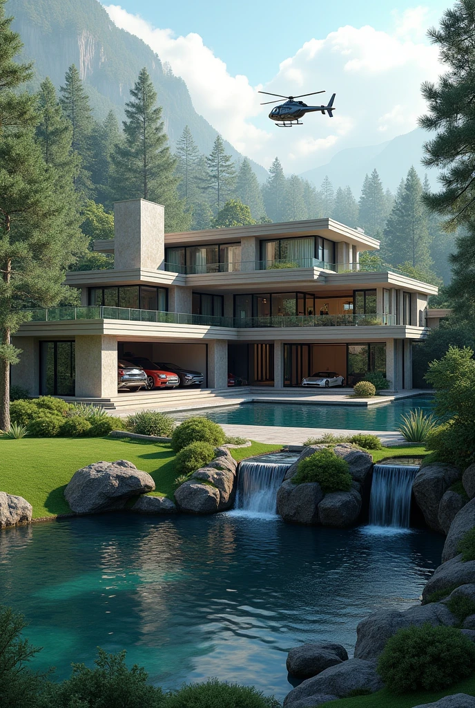 A big home with helped and halicopter background waterfall and front home a 4 car