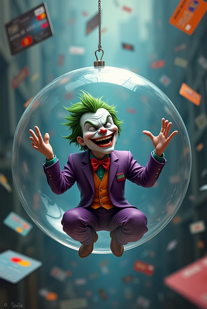 joker laughing in a floating bubble with a silver cord and with the background of the image full of credit cards.