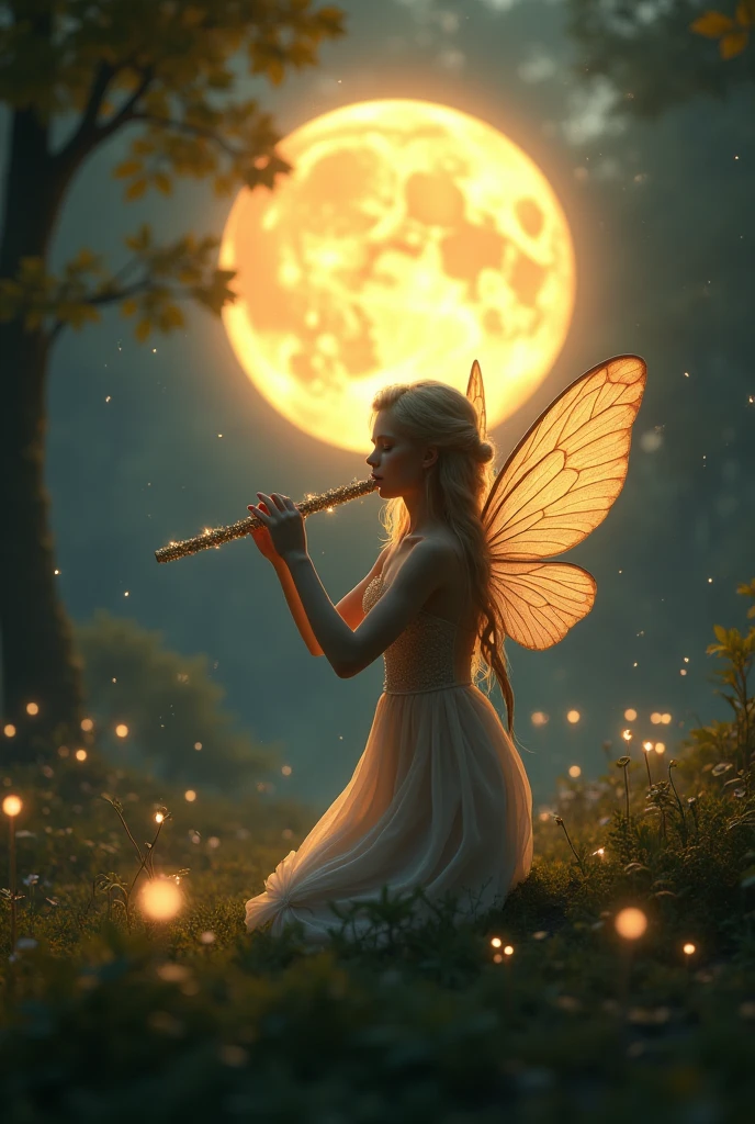 A romantic scene featuring a fairy with delicate translucent wings, playing a flute under the large, glowing full moon in a tranquil forest. The atmosphere is warm and inviting, with soft camera movements capturing the fairy’s serene expression. The forest is bathed in moonlight, revealing intricate details in the foliage, with every leaf and blade of grass contributing to the enchanting mood