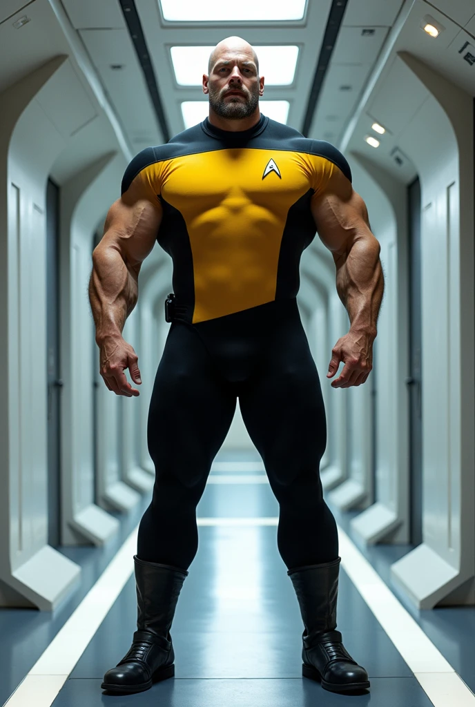 (Stable diffusion), A male Swedish bodybuilder, with almost impossibly massive muscles, with biceps almost as big as his head, and almost as wide as he is tall, shaved head, and short stubble 5 o’clock shadow, wearing a yellow starfleet uniform with black pants and black leather boots in a corridor of a starship. He is looking stoic and strong with a slightly cocky grin