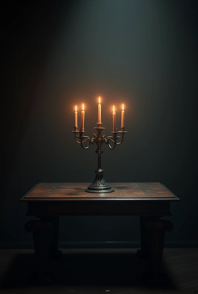 (photorealism:1.2), Lit candelabra on an antique table, dark and gloomy atmosphere, darkness, lit candlestick, everything very very dark, Only the table and the chandelier are visible, foreground, table and chandelier close up.