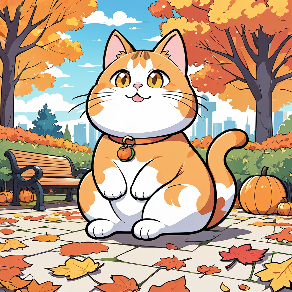 flat illustration, color vector outline drawing, image of cute fat cat sitting in autumn park, closed composition, cartoon style