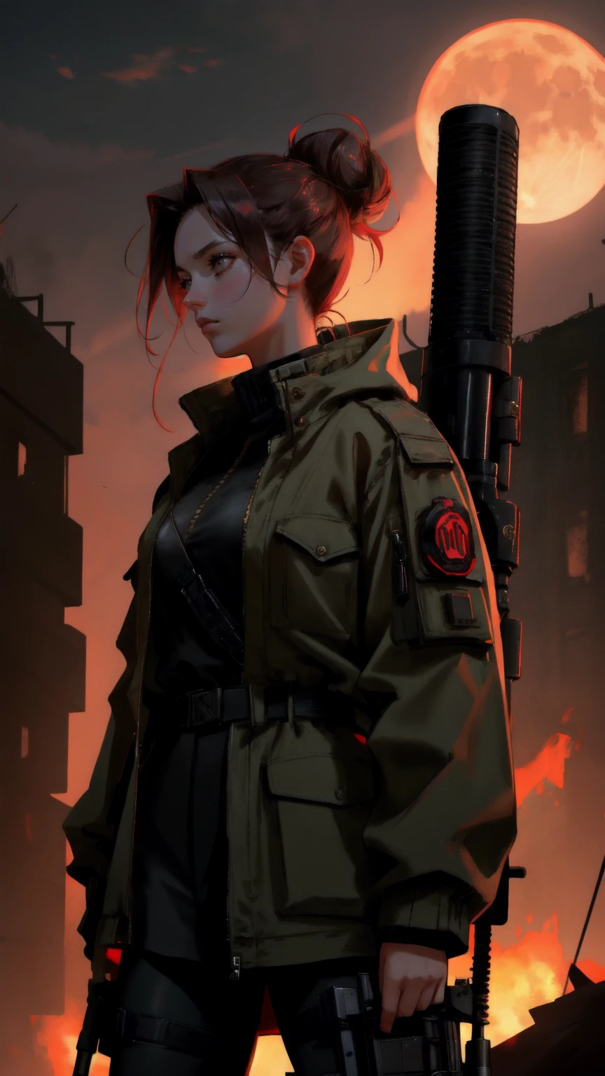 Create an image of a determined young woman leading a group, depicted in a dramatic, post-apocalyptic urban setting. The background is bathed in a deep red, signifying tension and conflict, with a large, ominous moon looming above the ruined cityscape. The woman has an intense gaze, signaling leadership and resolve, and wears a rugged, military-style jacket with a radio communicator attached to her shoulder. Her hair is pulled back into a tight bun, practical for her role, and she carries a rifle slung across her back. The atmosphere is charged with urgency and survival, and her expression and stance suggest she is a seasoned leader in a world of chaos.