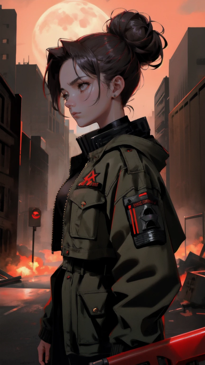 Create an image of a determined young woman leading a group, depicted in a dramatic, post-apocalyptic urban setting. The background is bathed in a deep red, signifying tension and conflict, with a large, ominous moon looming above the ruined cityscape. The woman has an intense gaze, signaling leadership and resolve, and wears a rugged, military-style jacket with a radio communicator attached to her shoulder. Her hair is pulled back into a tight bun, practical for her role, and she carries a rifle slung across her back. The atmosphere is charged with urgency and survival, and her expression and stance suggest she is a seasoned leader in a world of chaos.