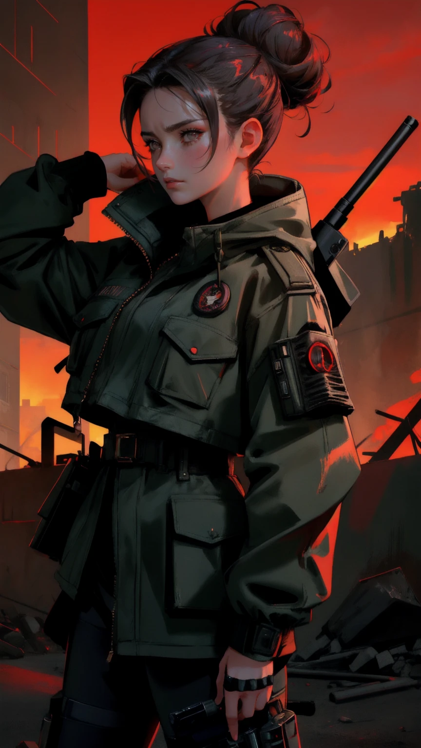 Create an image of a determined young woman leading a group, depicted in a dramatic, post-apocalyptic urban setting. The background is bathed in a deep red, signifying tension and conflict, with a large, ominous moon looming above the ruined cityscape. The woman has an intense gaze, signaling leadership and resolve, and wears a rugged, military-style jacket with a radio communicator attached to her shoulder. Her hair is pulled back into a tight bun, practical for her role, and she carries a rifle slung across her back. The atmosphere is charged with urgency and survival, and her expression and stance suggest she is a seasoned leader in a world of chaos.